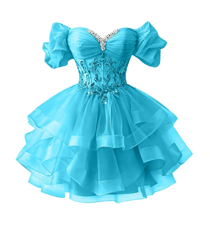 Beaded Lace Homecoming Dress - Short Tiered Tulle Sequin Prom & Quinceañera Gown