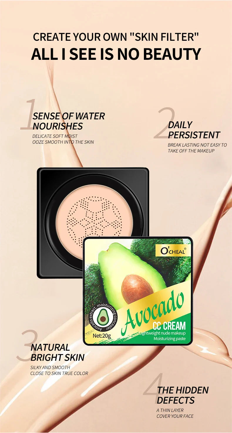 Air Cushion CC Cream with Mushroom Head Puff – Moisturizing, Brightening BB Cream & Waterproof Face Concealer