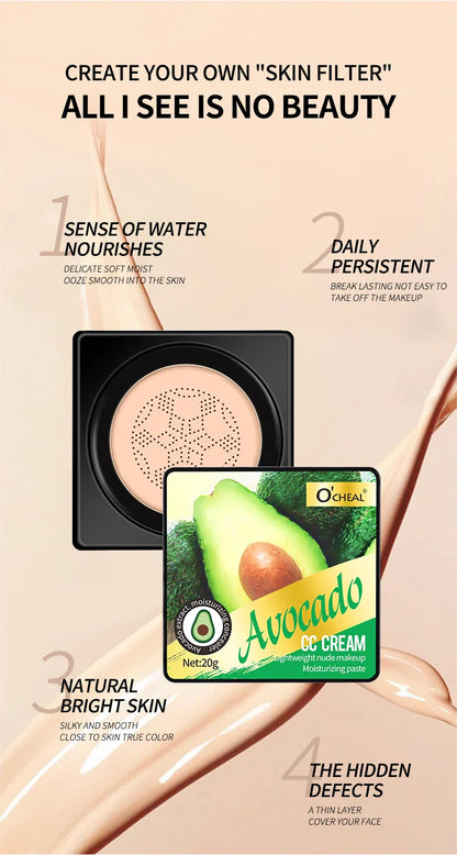 Air Cushion CC Cream with Mushroom Head Puff – Moisturizing, Brightening BB Cream & Waterproof Face Concealer