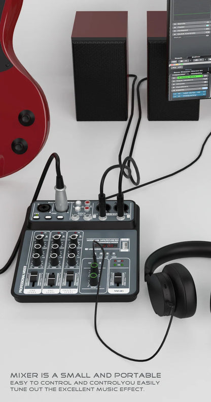 4-Channel Audio Mixer — USB Studio Mixer with 48V Phantom Power & Bluetooth for DJ & Karaoke