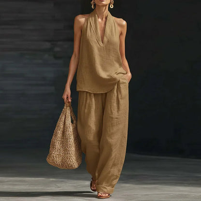 2026 Women’s Spring Retro Cotton Linen Set – Elegant V-Neck Sleeveless Top & Wide-Leg Trousers Summer Outfit