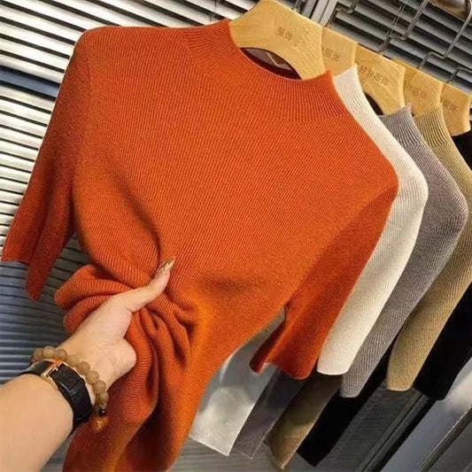 Women's Solid Color Knit Sweater – Stand Collar, Half Sleeve, Slim Fit, Soft High-Elastic Top for Autumn & Spring