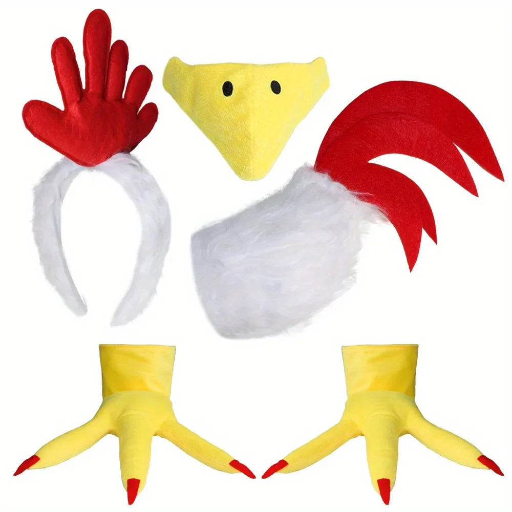 Rooster Chicken Costume Accessories - Comb Headband, Tail, Beak Mask & Chicken Feet Shoes Set