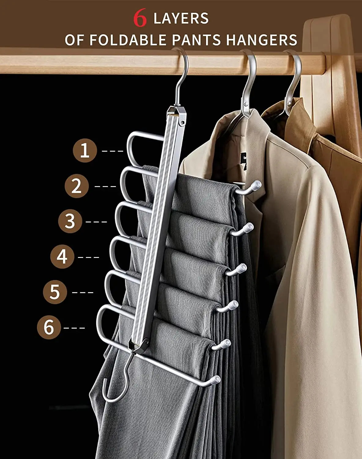 6-Layer Aluminum Pants Hanger – Space-Saving Heavy-Duty Organizer for Jeans, Skirts & Trousers