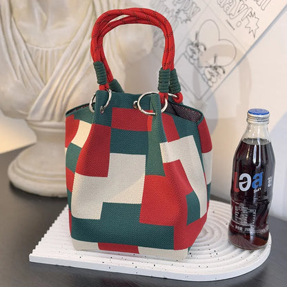 Women’s Metal Ring Bucket Handbag – Fashionable Color Block Knit Tote Bag, Spacious for Daily Commute, Leisure & Travel