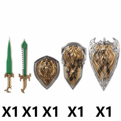 Medieval Figure Weapons Building Blocks Kit – King Sword, Lion Shield, Trident & Double-Edged Axe Battle Toy