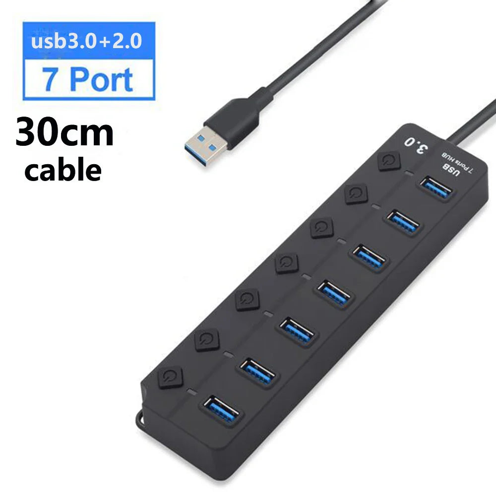 USB 3.0 Hub — 7-Port High-Speed Splitter with Power Adapter, Switch & Long Cable Expander