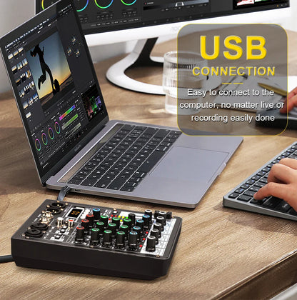 TKL 4 Channel DSP Audio Mixer – 99 Effects, 48V Phantom Power, USB, Bluetooth DJ Console for Karaoke and Studio Sound