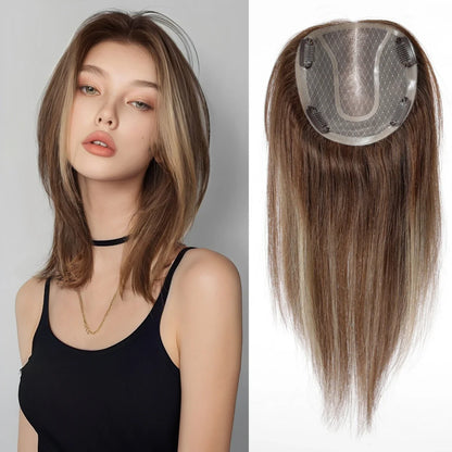14" Gray Blonde Human Hair Topper – Mono Lace Base, 4 Clips, Natural Look for Thinning Hair