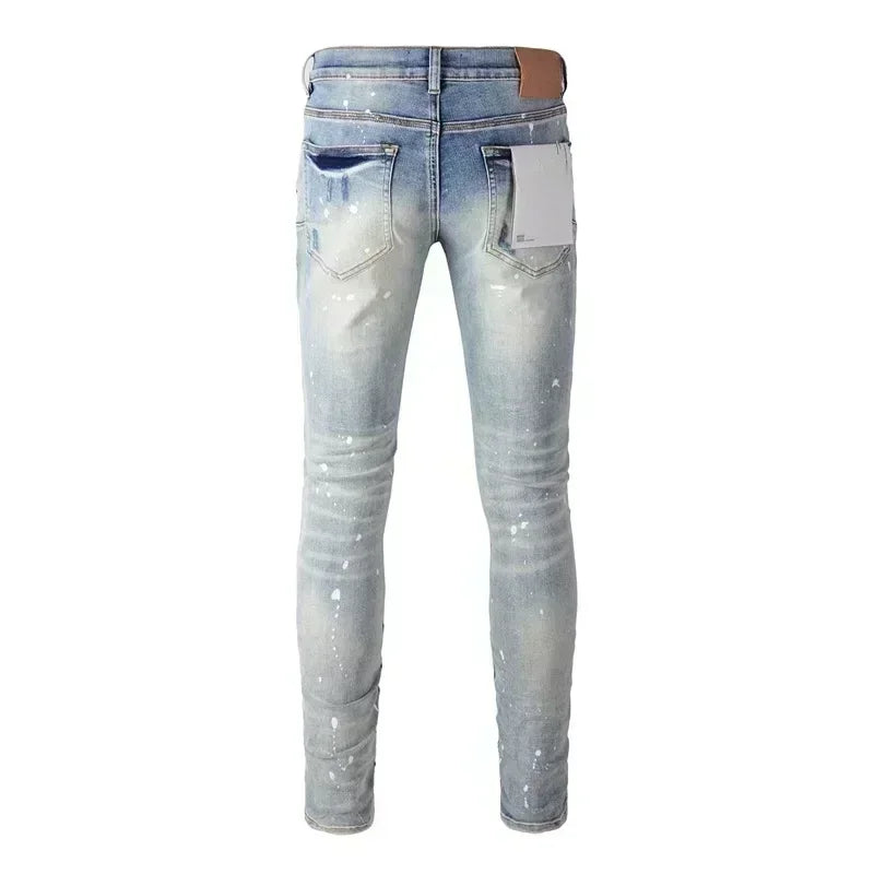 2025 Men’s High Street Ripped Skinny Jeans — Low Rise Blue Distressed Denim Fashion Repair Trousers 9003