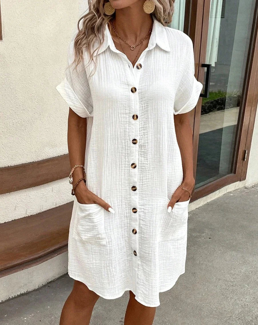 Vintage Women’s Cotton Linen Mini Dress – Summer V-Neck Casual Three-Quarter Sleeve Holiday Outfit