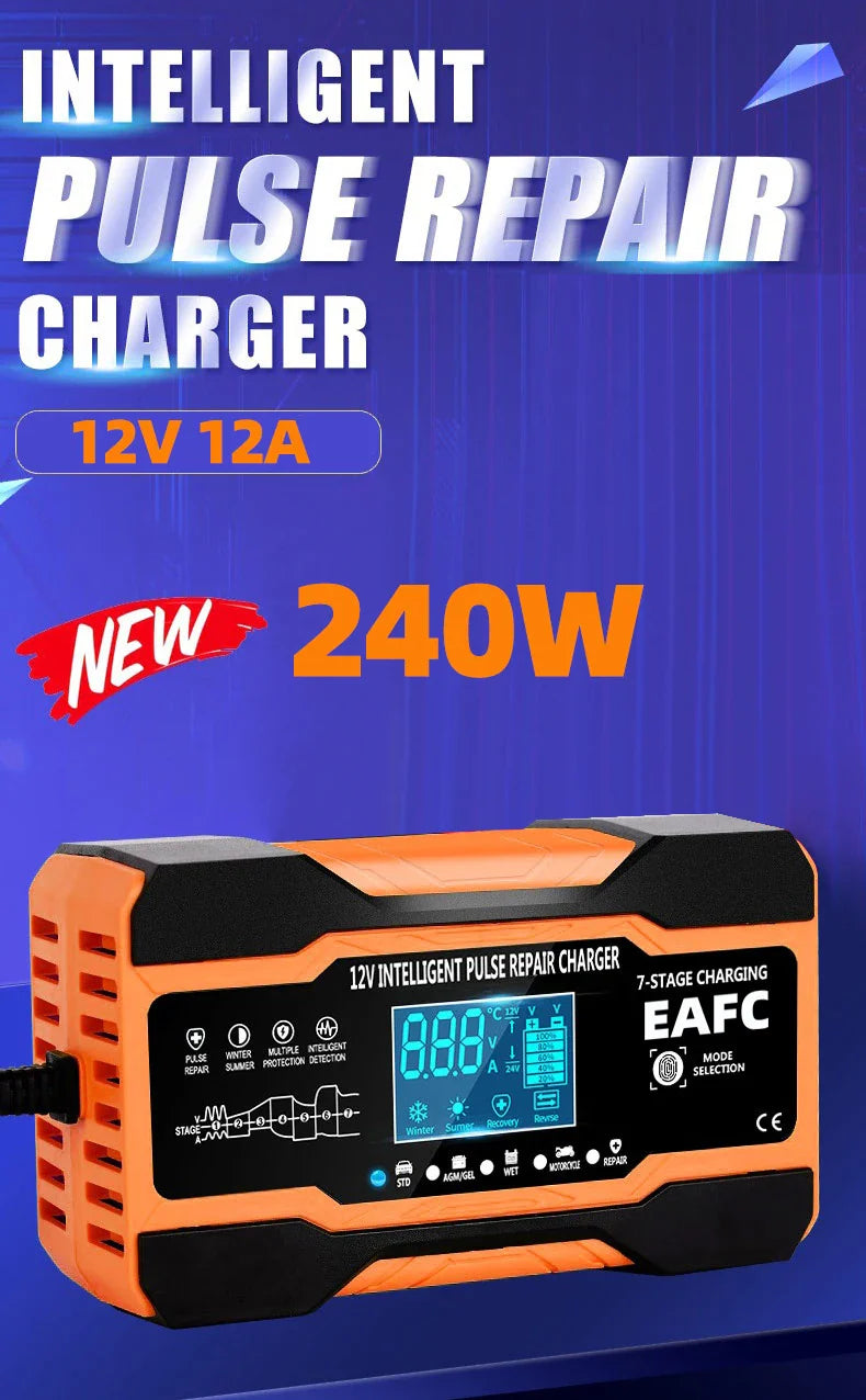 12V/24V Smart Battery Charger — 10A/12A Fast Charger with 7-Stage Pulse Repair for AGM, GEL, WET Lead-Acid Car Batteries