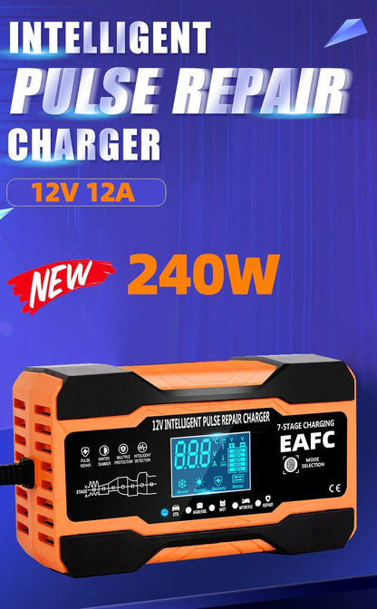 12V/24V Smart Battery Charger — 10A/12A Fast Charger with 7-Stage Pulse Repair for AGM, GEL, WET Lead-Acid Car Batteries