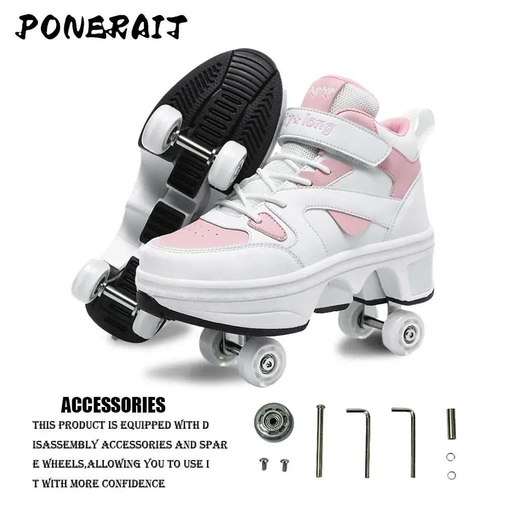 Women's High-Top 4-Wheel Roller Shoes – Fashionable Unisex Pop-Up Sneakers with Wheels, Dual-Purpose Skating & Casual Shoes