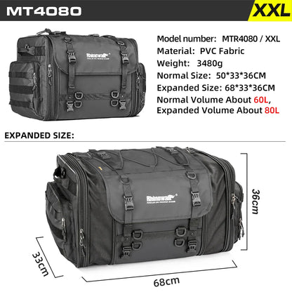 Rhinowalk Waterproof Motorcycle Travel Luggage Bag – 19L–80L Expandable Rear Tail/Trunk Rack Bag for Most Motorcycles