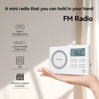 AIBEN C5S Mini Portable Radio — Handheld Rechargeable Digital FM Radio with USB Charging Port & Built-In Speaker