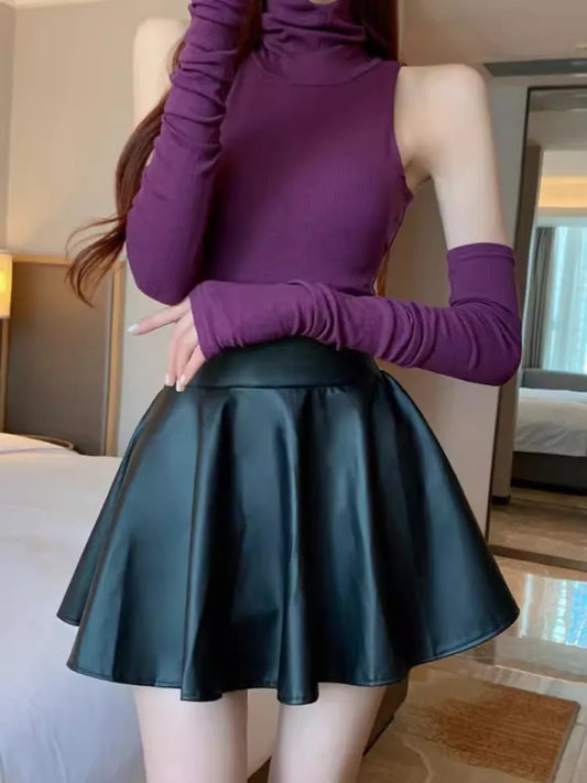 Women’s Multipurpose Mini Skirt — High Waist Faux Leather Skater Skirt, Elastic Short Skirt for Work & Nightclub
