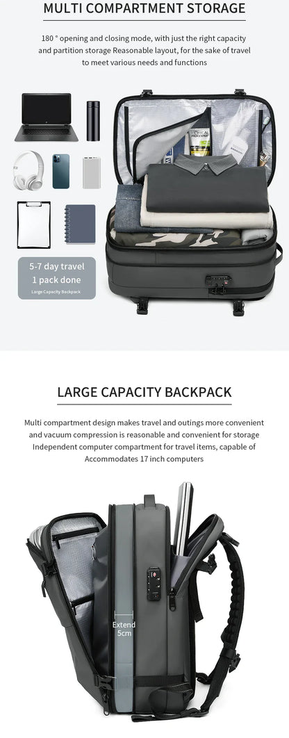 Men's Travel Backpack – Vacuum Compression, 17-Inch Laptop Backpack, Large Capacity Business & School Backpack, Expanded Hiking Bag