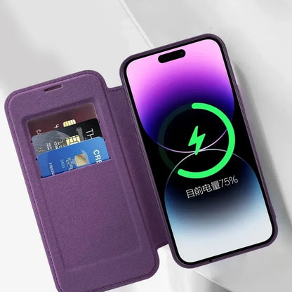 Electroplated Flip Leather Case for iPhone 16, 15, 14, 13, 12 & 11 Plus Pro Max – Luxury MagSafe Wireless Charging Protective Cover