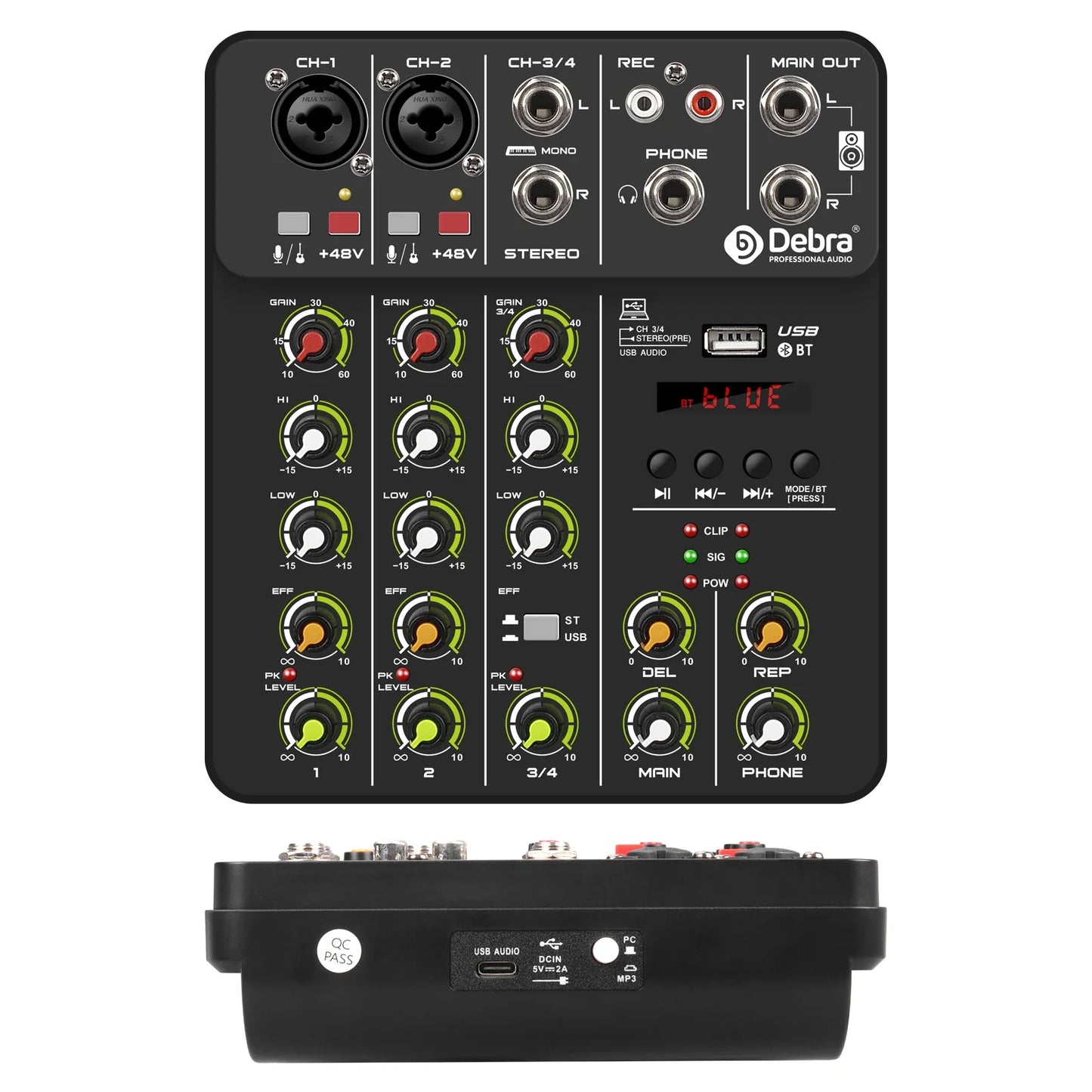 V4 4-Channel Audio Interface Mixer — USB & Bluetooth with 48V Phantom Power, Effects & Recording