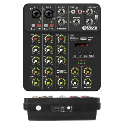 V4 4-Channel Audio Interface Mixer — USB & Bluetooth with 48V Phantom Power, Effects & Recording