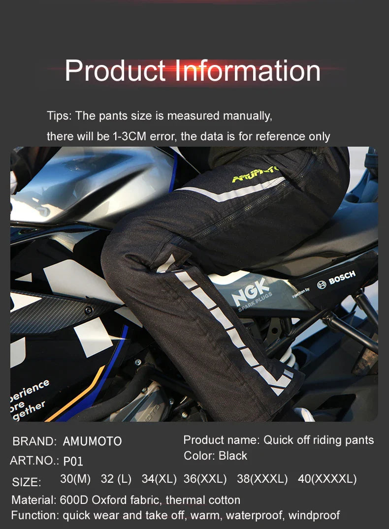 AMU Motorcycle Quick Take Off Pants – Waterproof, Windproof, Thermal Protective Gear for Men & Women
