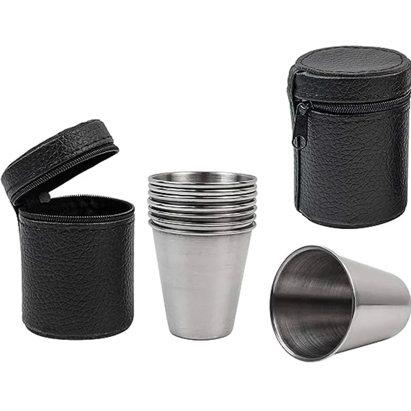 Outdoor Camping Stainless Steel Water Glass Set with Leather Case - Practical Travel Whiskey & Wine Glasses (4-piece, 30ml)