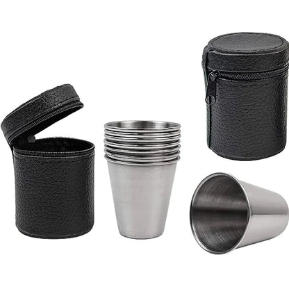 Outdoor Camping Stainless Steel Water Glass Set with Leather Case - Practical Travel Whiskey & Wine Glasses (4-piece, 30ml)