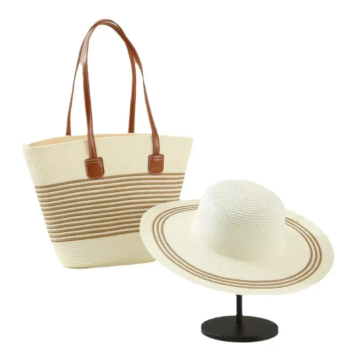 French Style Straw Handbag & Summer Beach Hat Set – Woven Bucket Bag with Fine Stripes