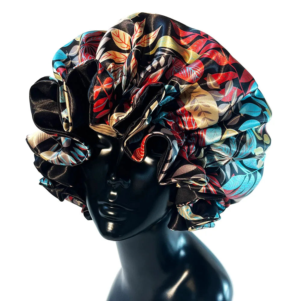 Women’s Satin Bonnet Cap – Double Layer Silky Big Bonnet, Printed Sleep Cap & Head Wrap for Ladies