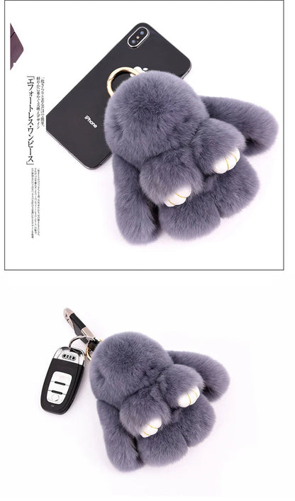 Fluffy Rabbit Fur Pompon Keychain – Cute Bunny Bag and Car Key Ring for Women and Girls