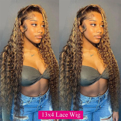 HD Lace Highlight Wig – Ombre Human Hair 13x6 Deep Wave Frontal Wig, Brazilian 13x4 Water Wave Curly Wig for Women