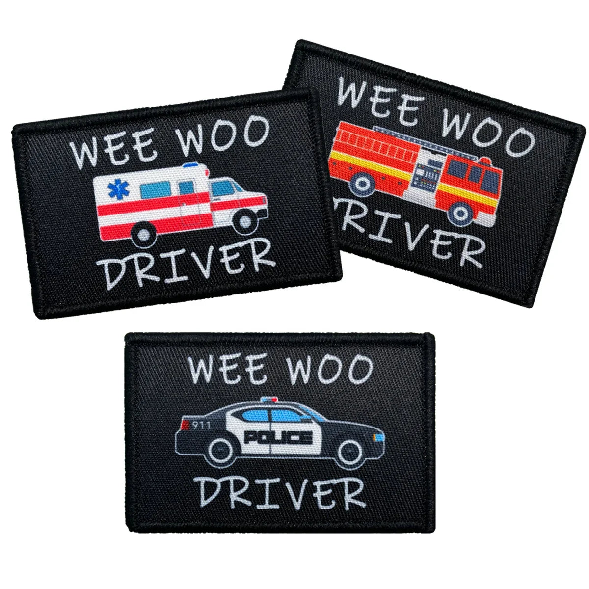 Wee Woo Driver Patch - 2"x3" Funny Removable Patch for Police Car, Ambulance EMT, Fire Engine with Hook & Loop Backing