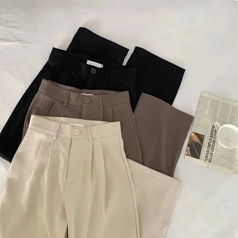 High Waist Women’s Suit Pants – Straight Office Trousers, Casual Button Loose Black Pants for Fall 2024
