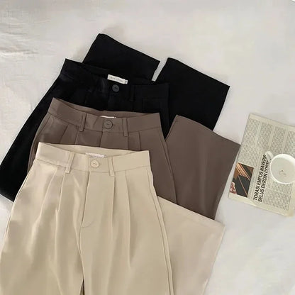 High Waist Women’s Suit Pants – Straight Office Trousers, Casual Button Loose Black Pants for Fall 2024