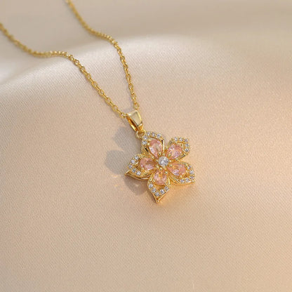 Light Luxury Gold Zircon Flower Pendant Necklace for Women – Elegant Spin Design High-End Party Jewelry Gift Chain Necklace