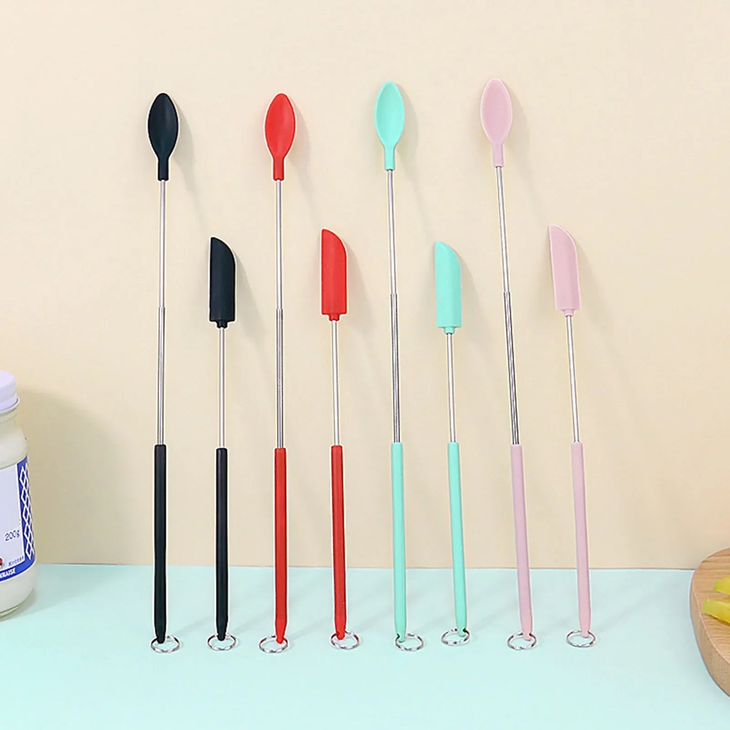 Mini Retractable Silicone Scraper Set - Telescoping Spoon Spatula & Brush for Jars, Butter, Cream & Jam
