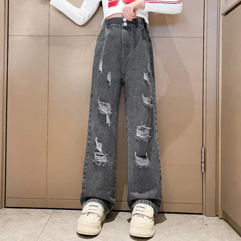 New 2024 Teenage Girls’ Blue Street Cartoon Jeans – Elastic Mid-Waist Loose Wide-Leg Denim Pants for Spring Fashion