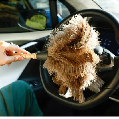 Ostrich Feather Dusting Brush – Wooden Handle Anti-Static Household & Car Cleaning Duster Tool