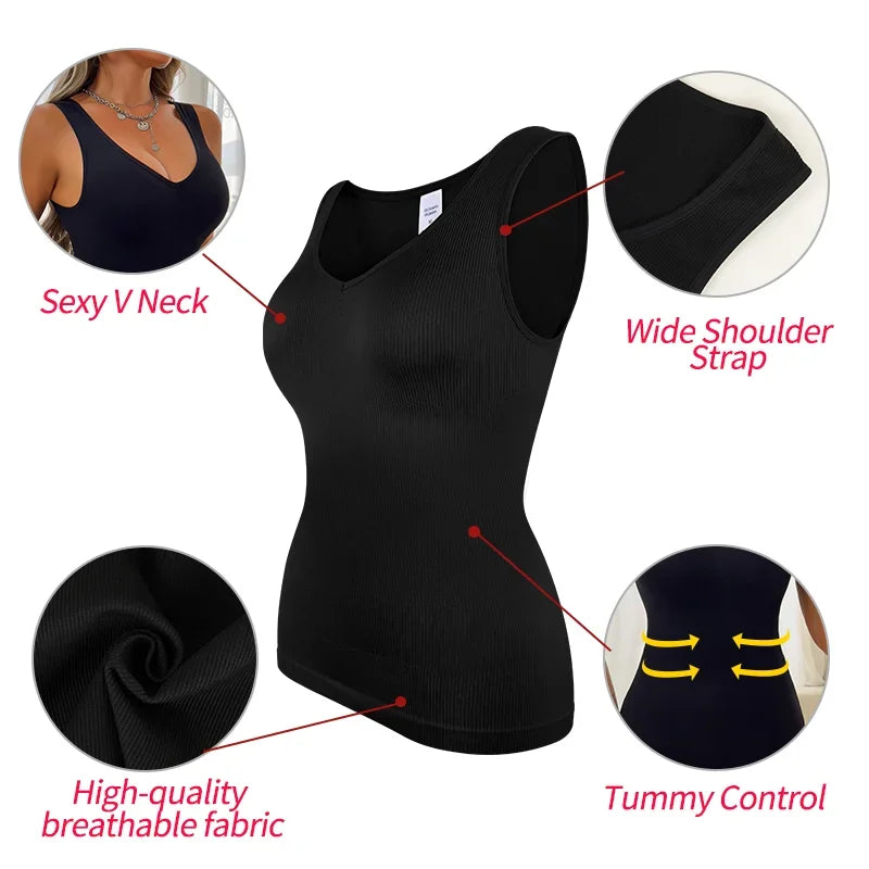 Women’s Sleeveless Shapewear Tank Top - V Neck Compression Body Shaper Shirt with Tummy Control & Wide Strap Support