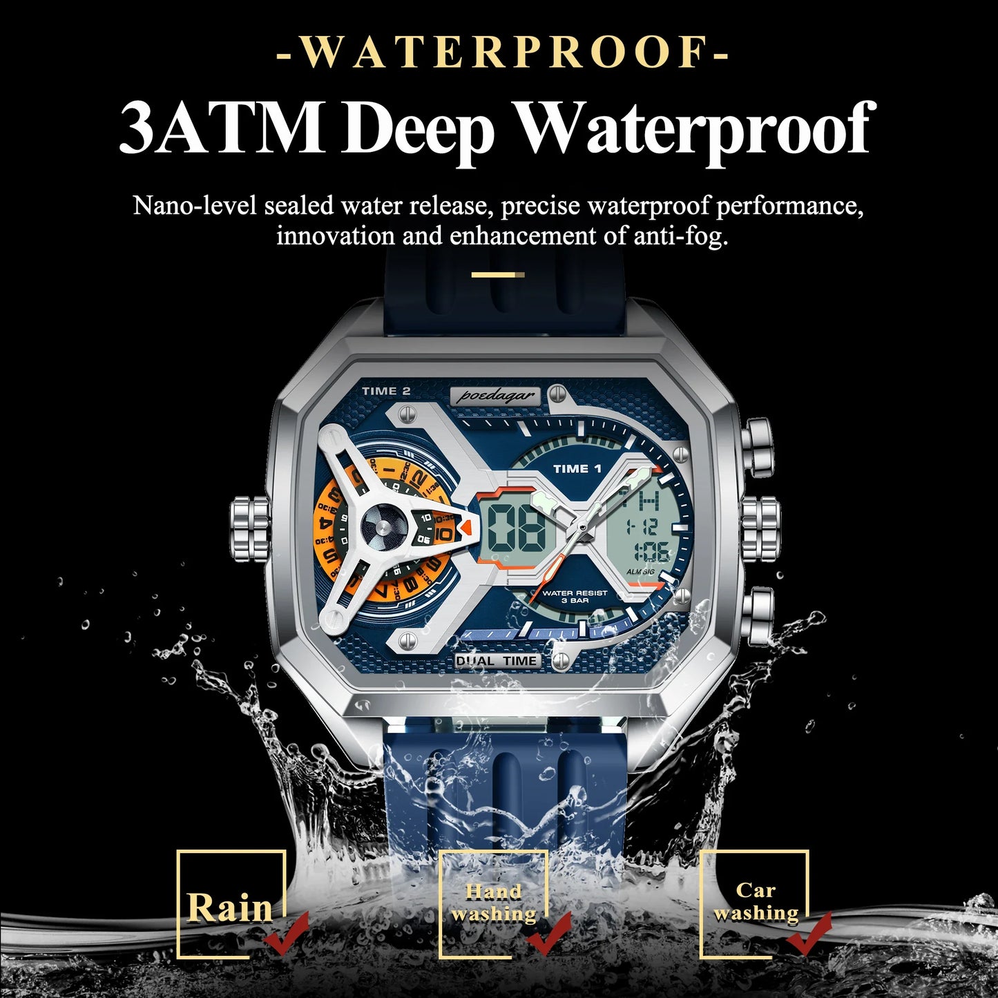 POEDAGAR Men's Luxury LED Wristwatch – Electronic Quartz Watch with Calendar, Week Display, Luminous Hands, and Silicone Strap
