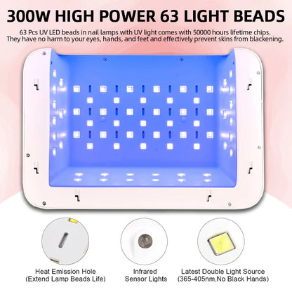 300W High-Power Nail Dryer Lamp with Hand Pillow – 63 LED UV Lamp for Press-On Nails & Gel Curing Machine