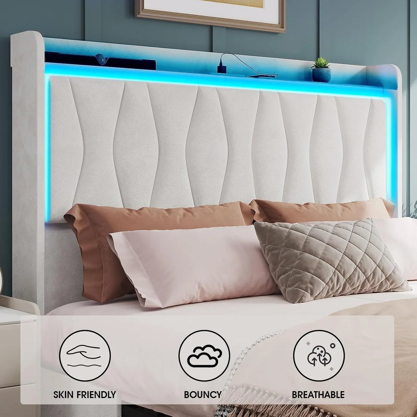 Queen Size Upholstered Platform Bed Frame with LED Lights, 3 Storage Drawers & USB Charging Station – Velvet Finish