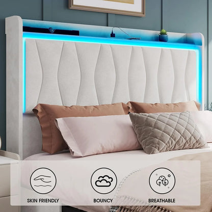 Queen Size Upholstered Platform Bed Frame with LED Lights, 3 Storage Drawers & USB Charging Station – Velvet Finish