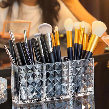 3-Slot Acrylic Makeup Organizer - Transparent Cosmetic Brush, Lipstick & Pencil Holder