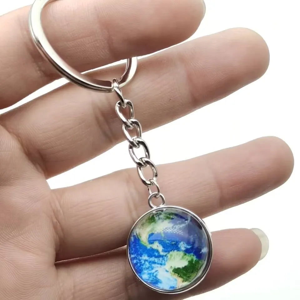 Glow in the Dark Solar System Keychain – Luminous Nebula Planet Key Ring with Moon, Earth, Sun, Double-Sided Glass Ball