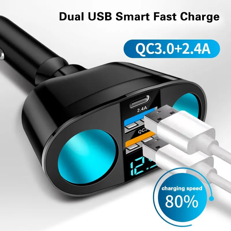 Dual-Port Car Charger Adapter – Digital Display, Simultaneous Charging for Multiple Devices