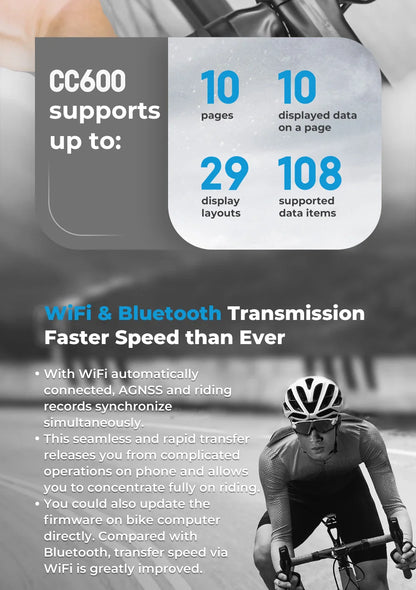 GEOID CC600 Bike Computer – Color Screen Smart GPS Speedometer with Wireless ANT+, WIFI, 11 Languages & Cycling Odometer