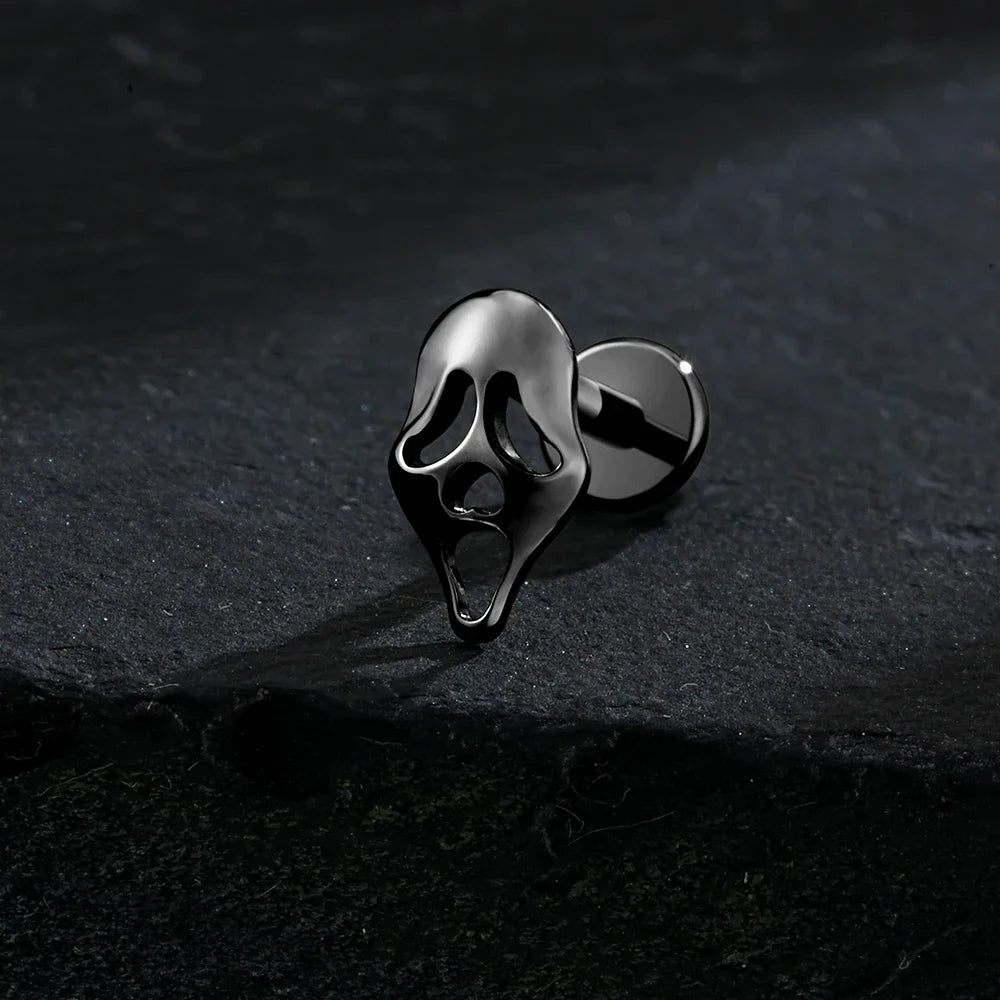 Right Grand ASTM F136 Titanium 16G Ghost Face Flat Back Earring – Halloween CZ Cartilage Stud for Helix, Labret & Nose Piercing Jewelry