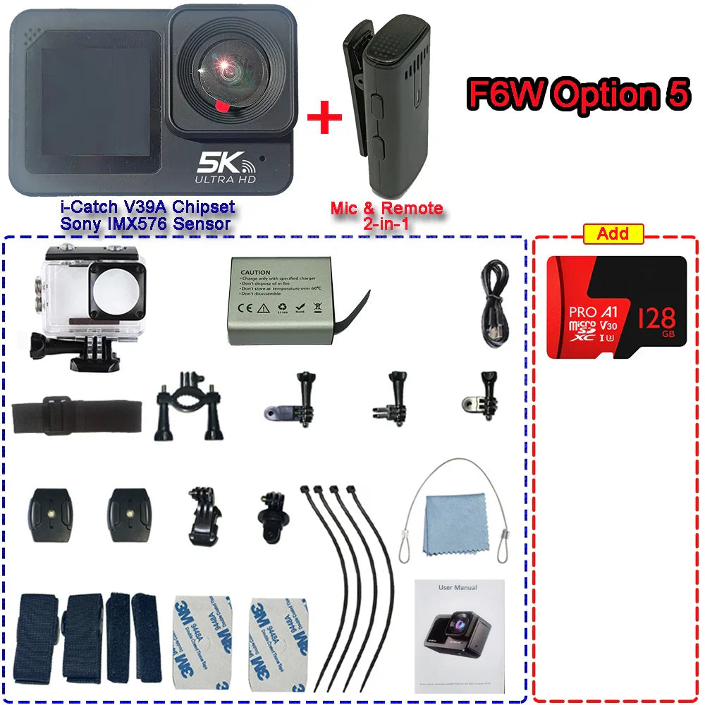 F6W Action Camera — 5K/4K60FPS, 48MP, 2.2" Touch LCD, EIS, Dual Screen, Wi-Fi, 170° Waterproof 30M, 8X Zoom Sports Camera with Wireless Mic